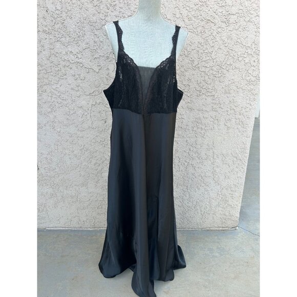 Vintage Solange Black Shiny Satin Long Nightgown Lingerie - Plus Size 22/24 3X - Picture 1 of 6